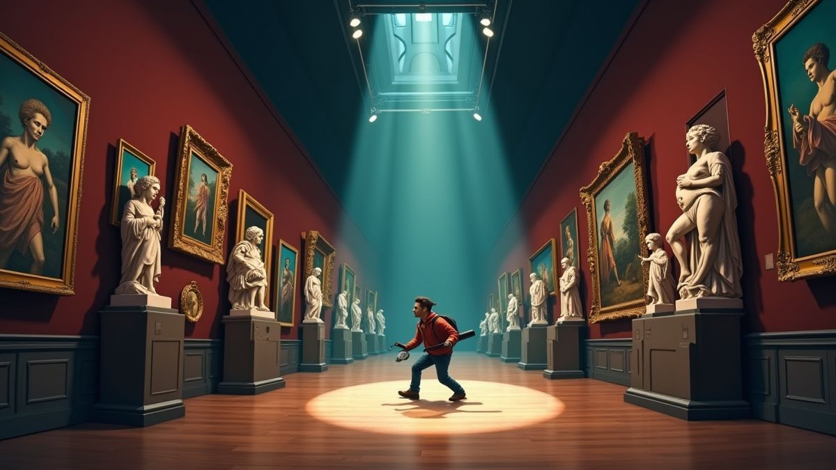 A museum hallway filled with art with a hidden thief.