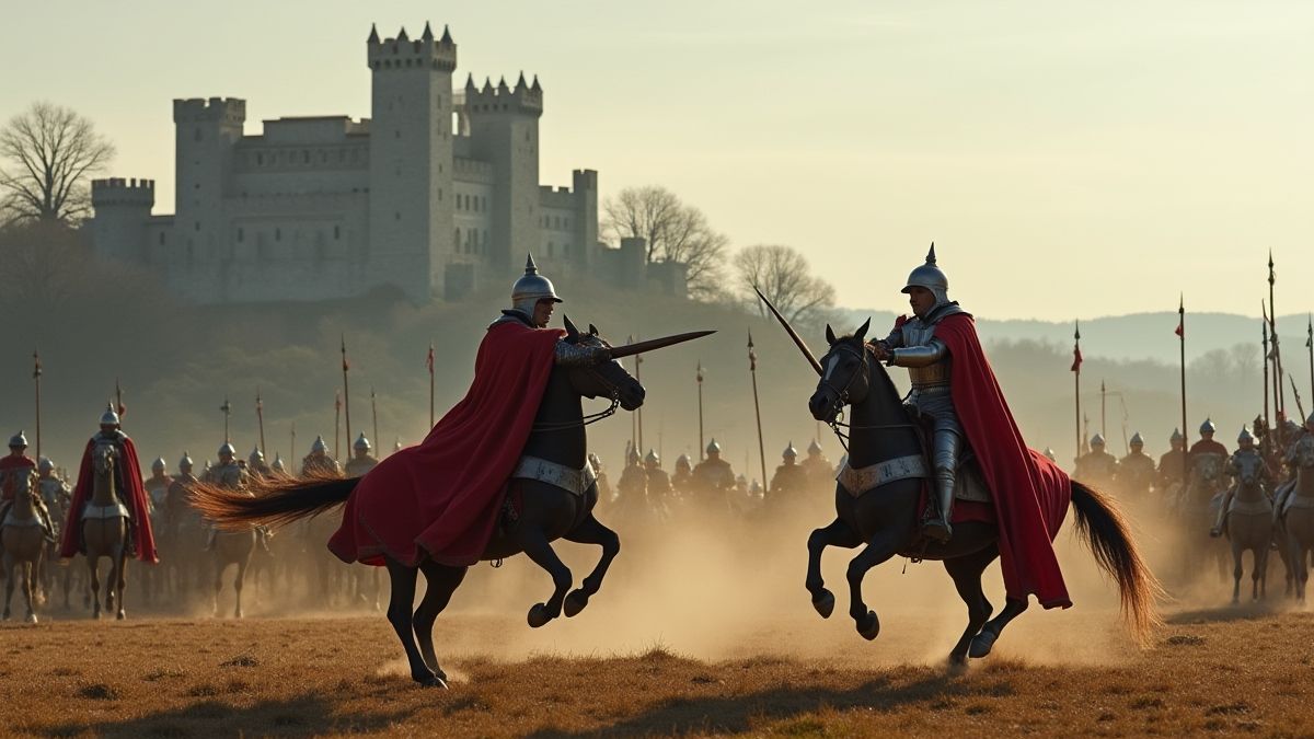 Un castillo medieval con caballeros en un torneo de justas.