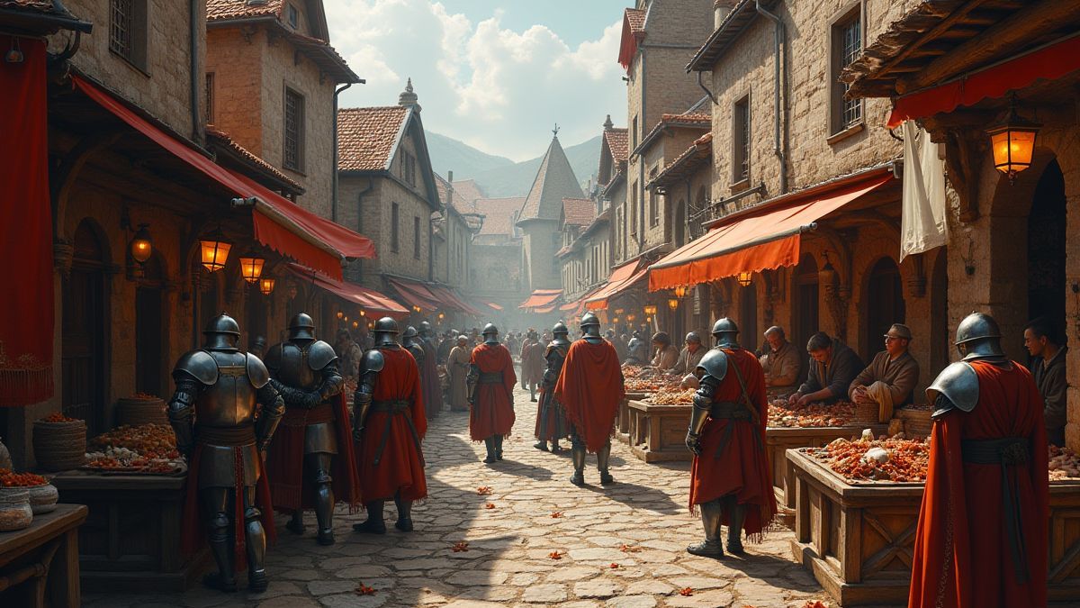 Un mercado medieval con caballeros y aldeanos comerciando.