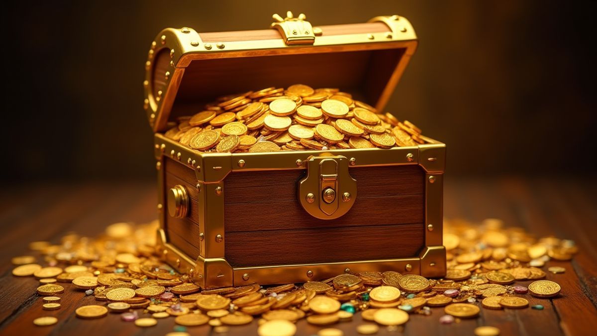 Un cofre del tesoro lleno de oro y joyas.