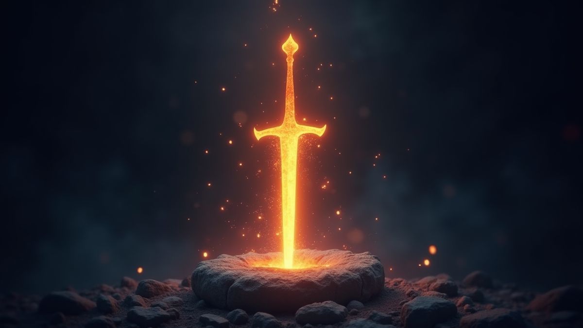 Una espada brillante en una piedra rodeada de destellos mágicos
