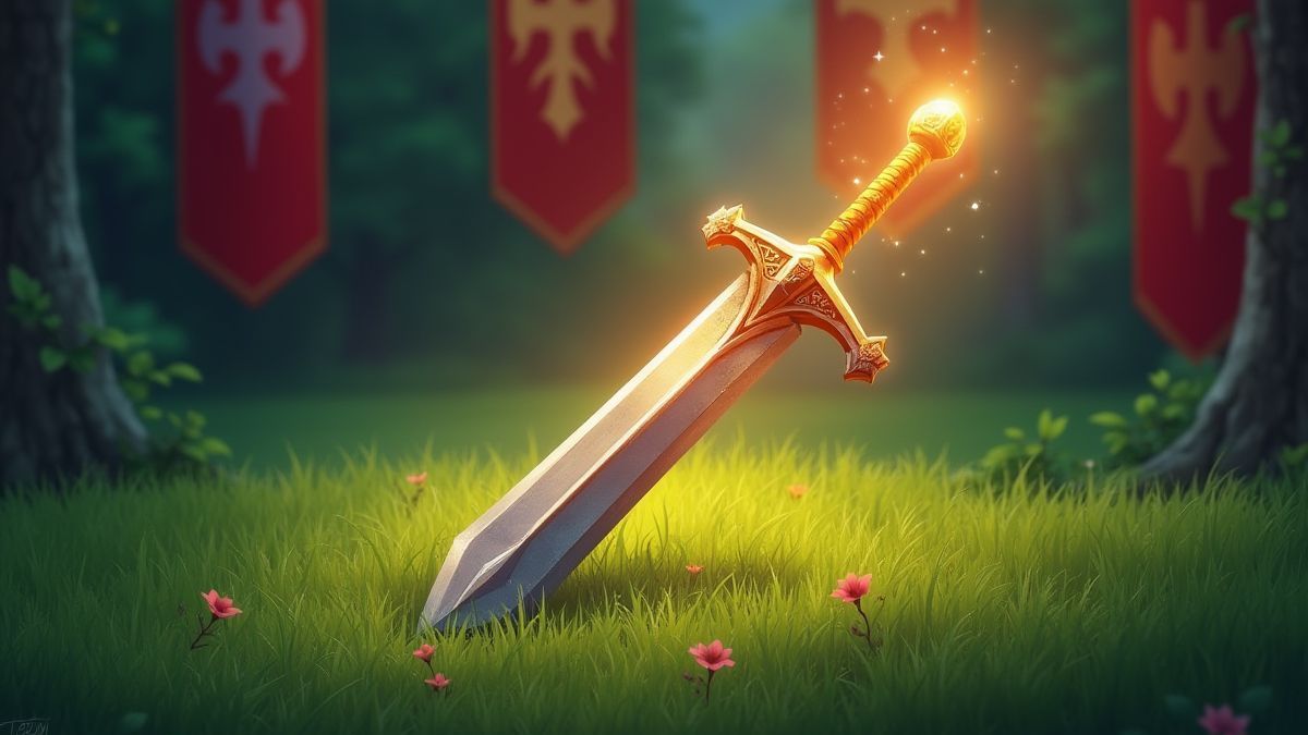 Espada Excalibur brillante sobre c&eacute;sped con banderas medievales al fondo.
