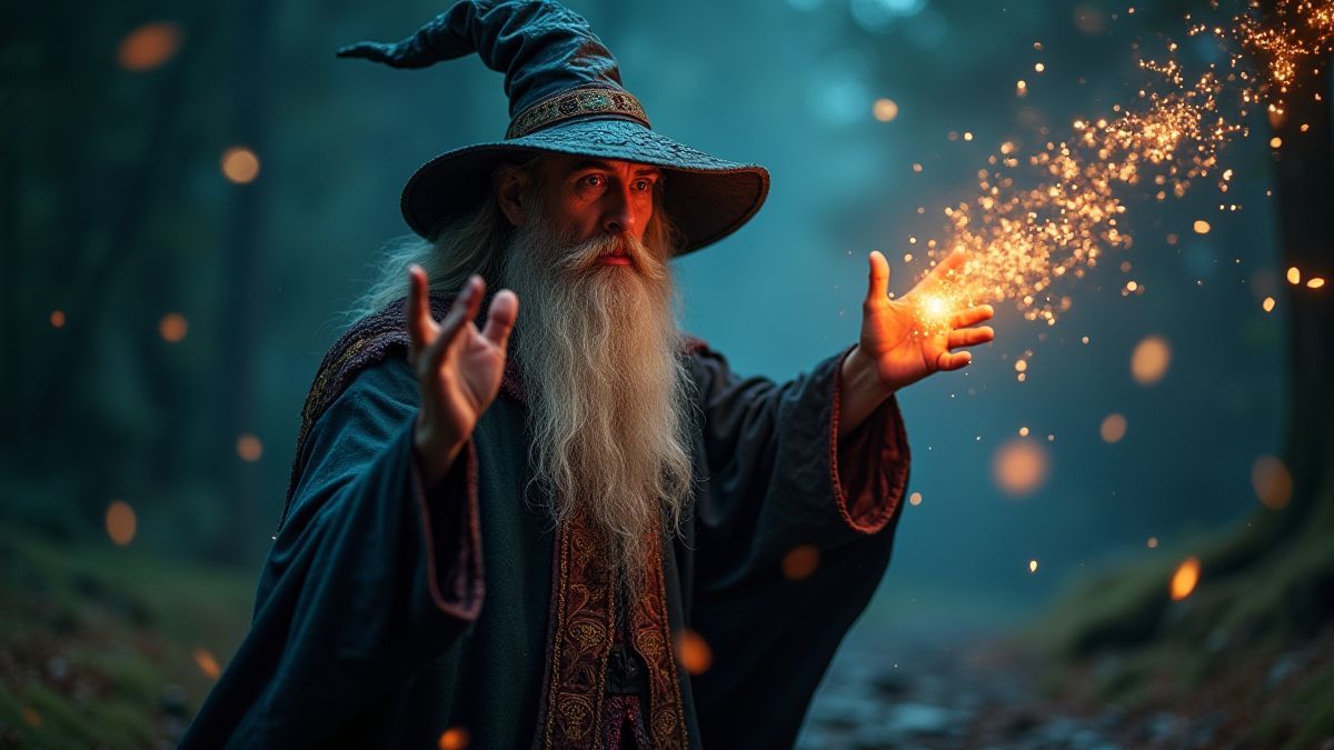 Un mago lanzando hechizos con runas brillantes y chispas m&aacute;gicas.