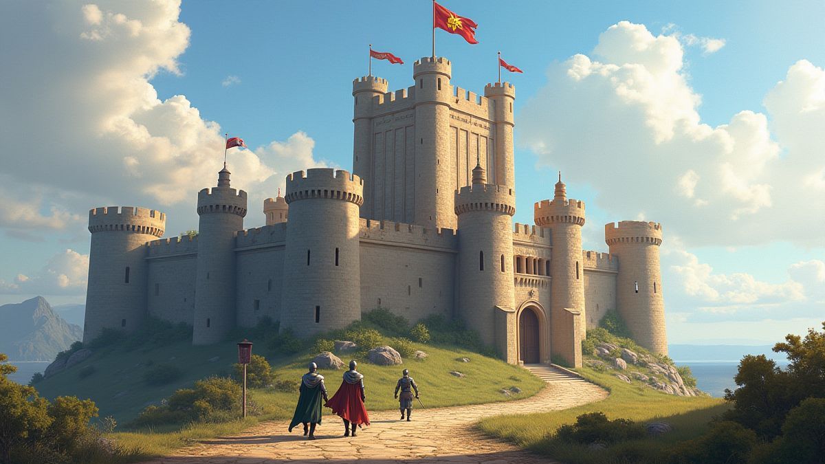 Un castillo medieval con banderas ondeando y caballeros caminando alrededor.