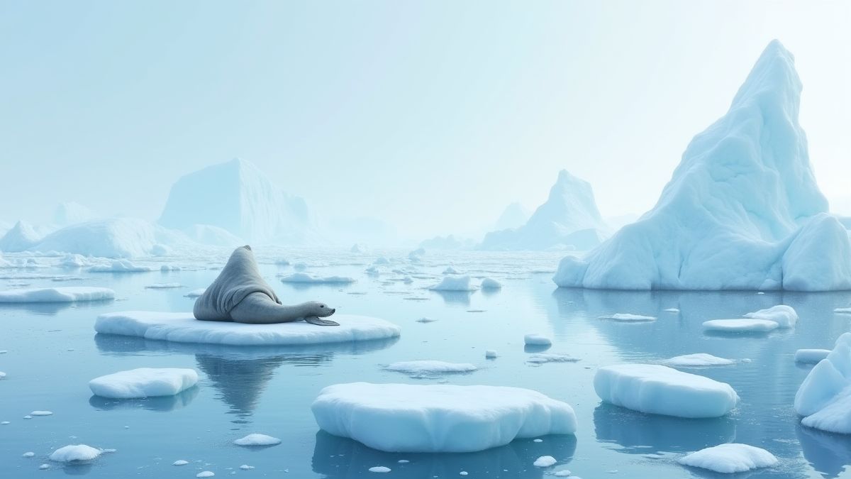 Paisagem nevado com focas descansando em geleiras.
