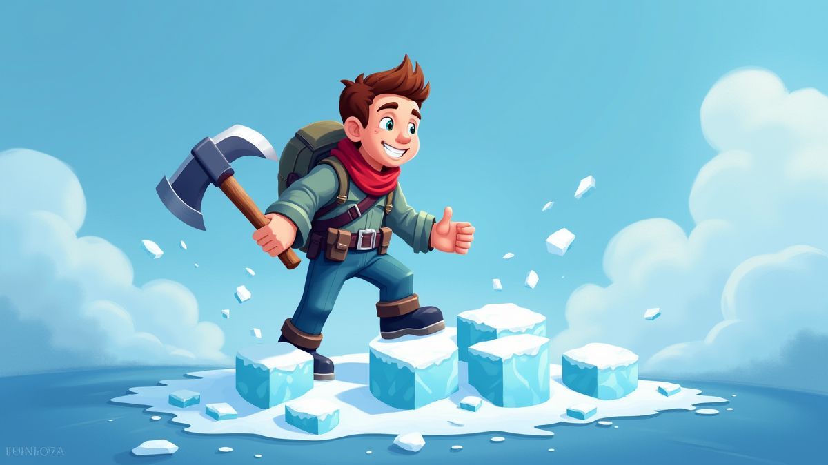 Aventureiro quebrando blocos de gelo em busca de tesouros.