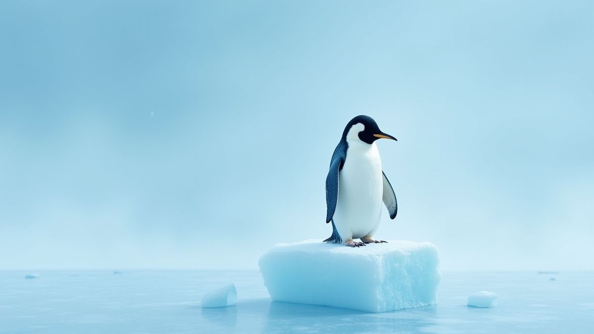 Pinguïn op een ijsblok met een sneeuwachtig achtergrond.