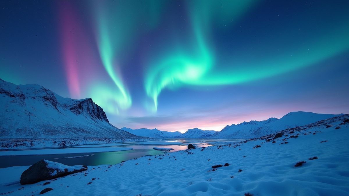 Noorderlicht boven ijzige bergen.