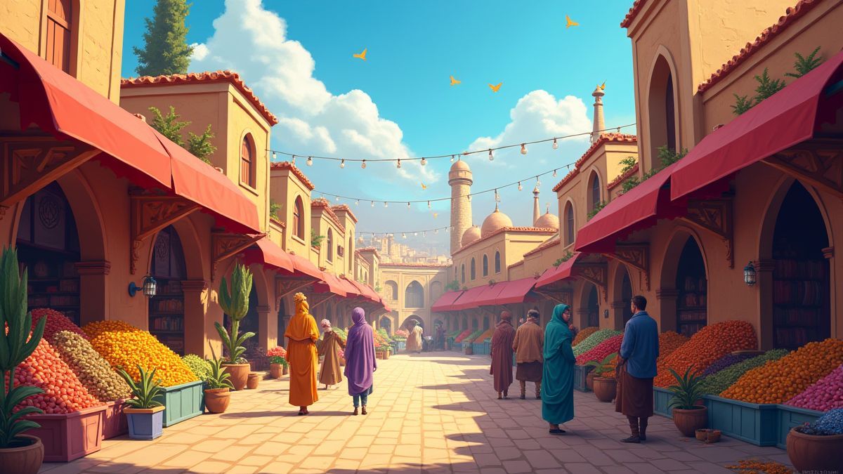 Un mercado persa con colores vibrantes y mucha actividad.