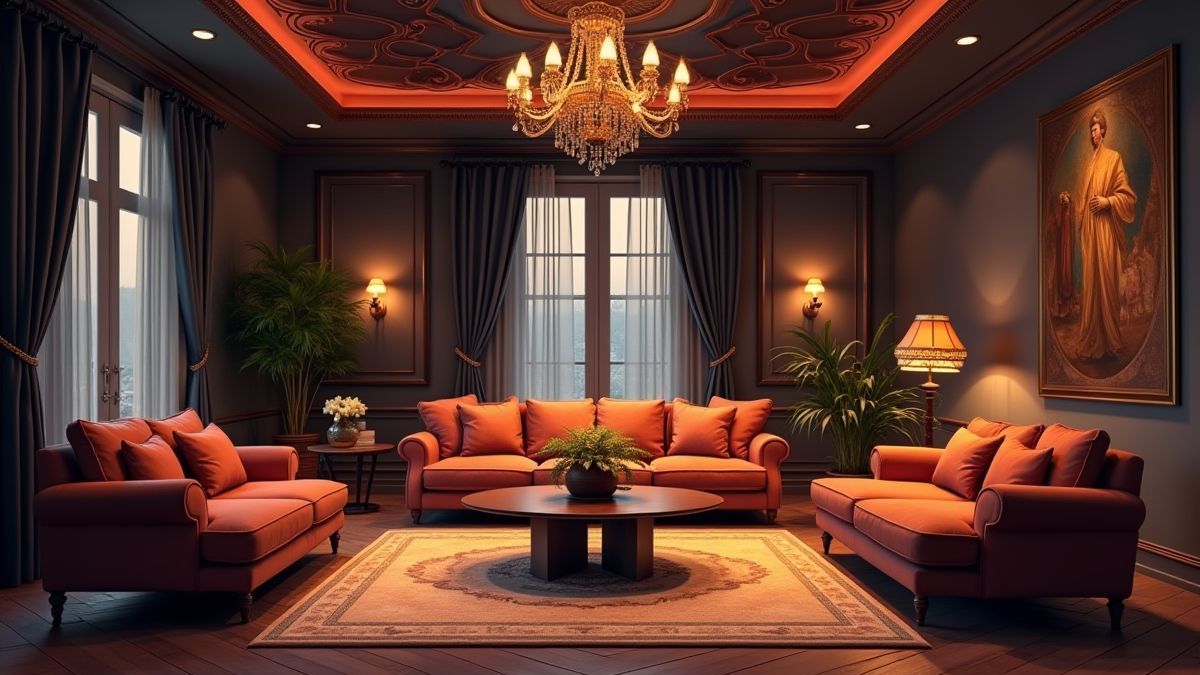 Un salón lujoso con muebles elegantes y un ambiente dramático.