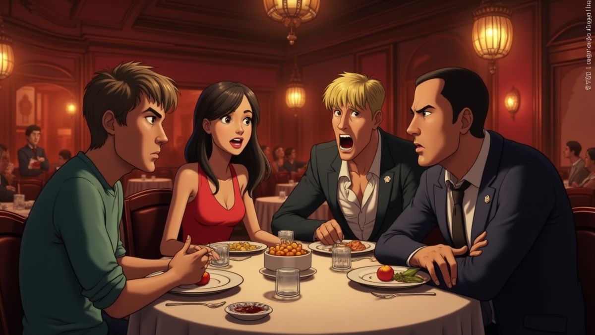 Personajes animados en una escena dramática de restaurante con decoración elegante.