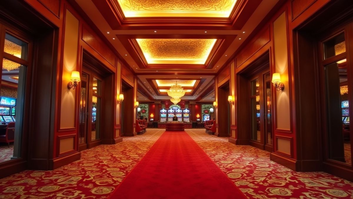 Entrada de un casino elegante con luces brillantes y alfombra roja.