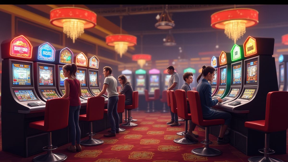 Una sala de casino animada con personajes jugando y socializando.