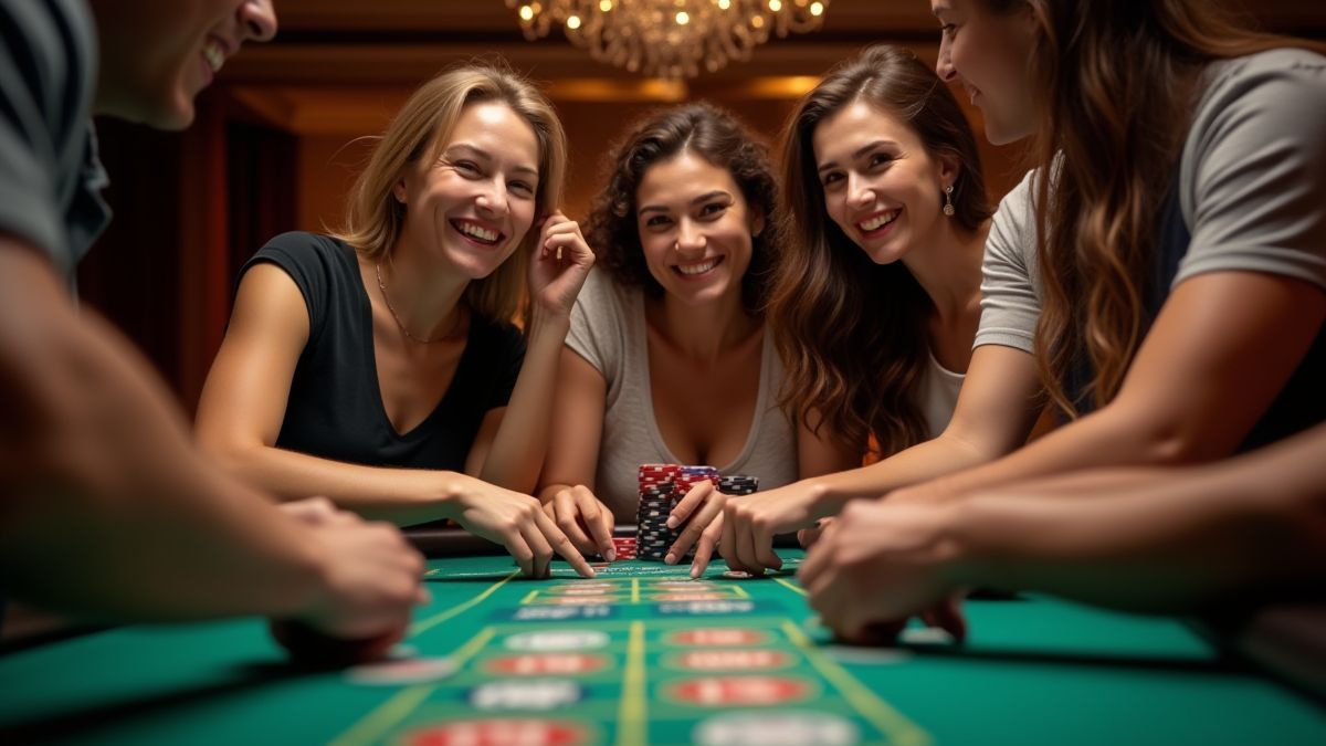 Un grupo de amigos divirtiéndose en una mesa de casino.