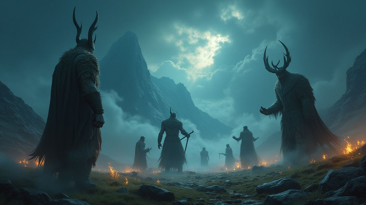 Dioses nórdicos en un paisaje místico con runas y luces brillantes.