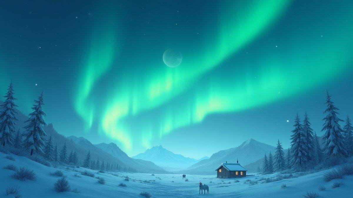 Die Nordlichter über einer nordischen Landschaft mit mystischen Kreaturen.