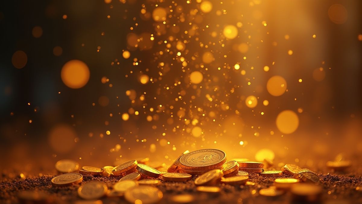 Goldmünzen fallen in einer feurigen nordischen Umgebung.