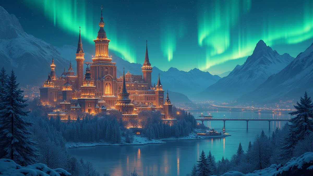 Norse celestial city with magical auroras.