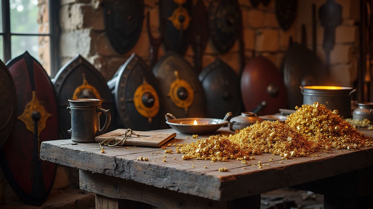 Table with medieval shields and golden treasures in a Nordic forge.