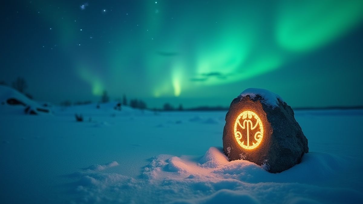 Ein leuchtender Runenstein, umgeben von Schnee unter einem Himmel mit Nordlichtern.