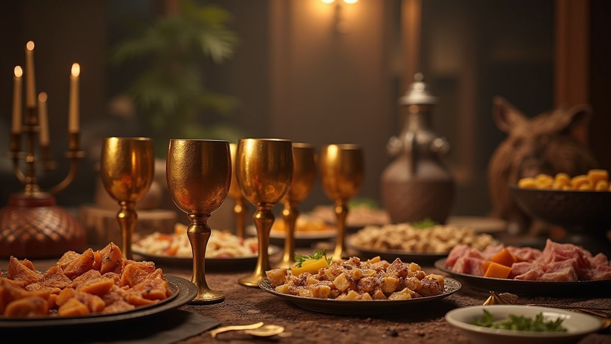Ein Wikingerfest mit goldenen Bechern und Tellern voller Essen in einem majestätischen Saal.