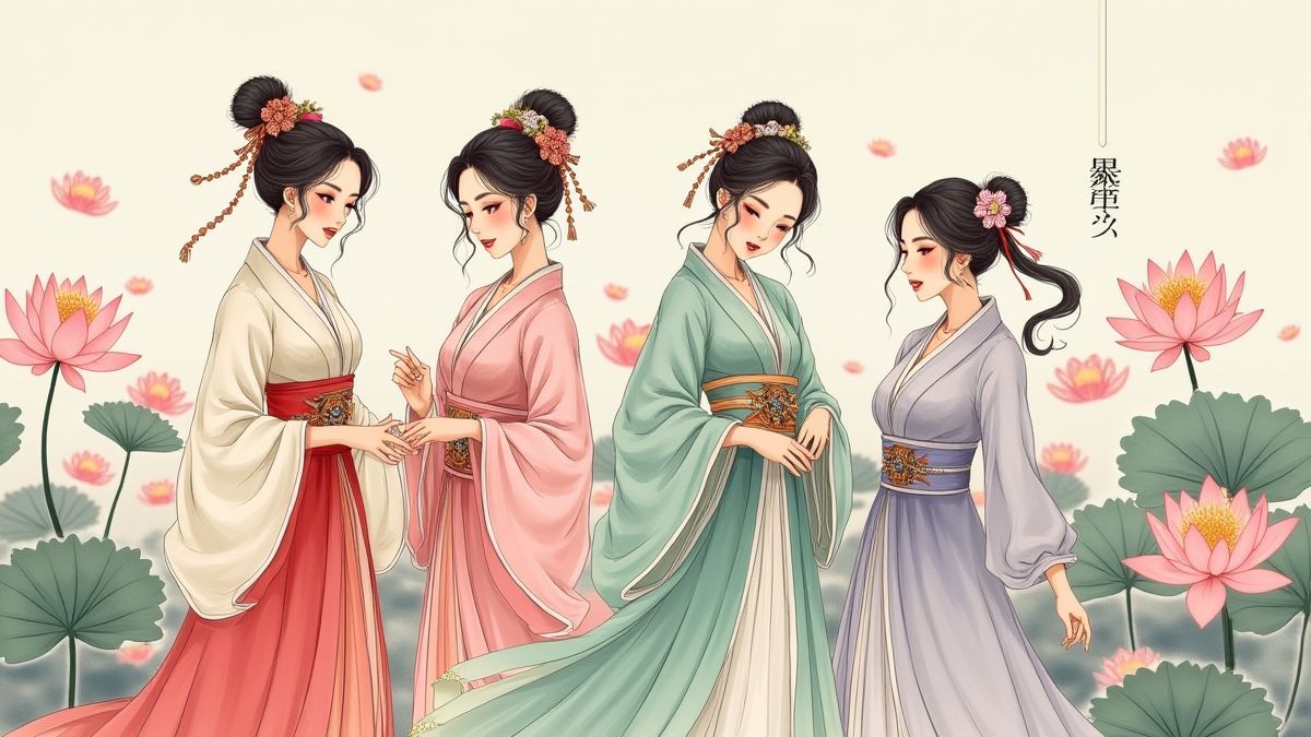 Four elegant Asian women surrounded by lotus flowers and plum trees.
