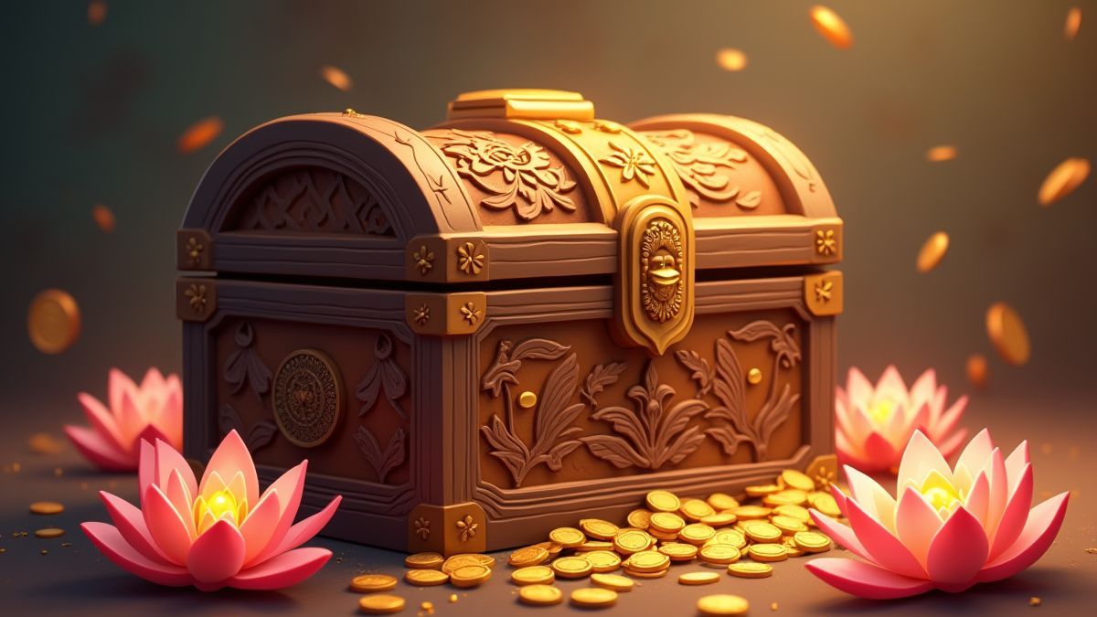 A decorated wooden chest surrounded by lotus flowers and gold coins.