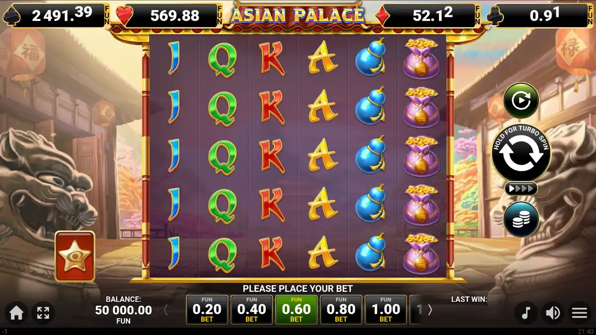 Pantalla del juego base de la tragamonedas Asian Palace
