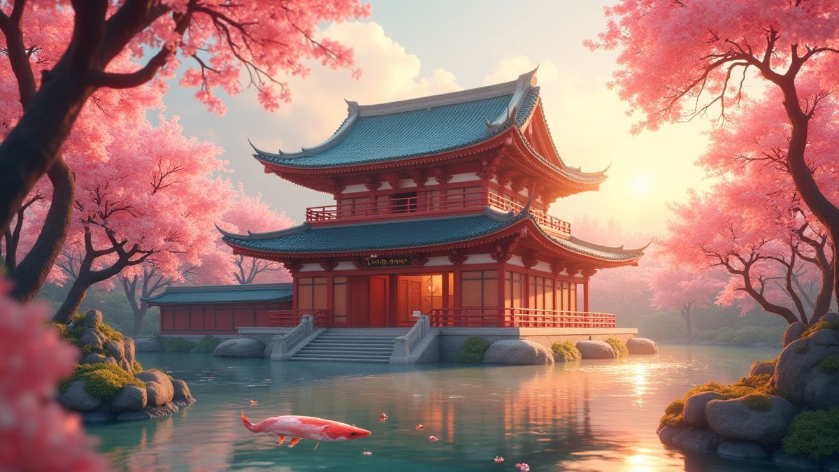 Un temple asiatique entouré de fleurs et un étang de koi.