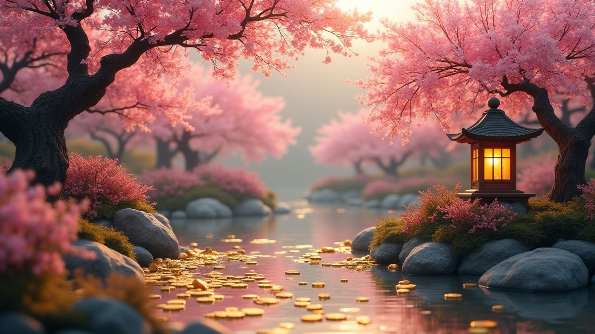 Un jardin asiatique avec des pièces dorées et des fleurs de cerisier.