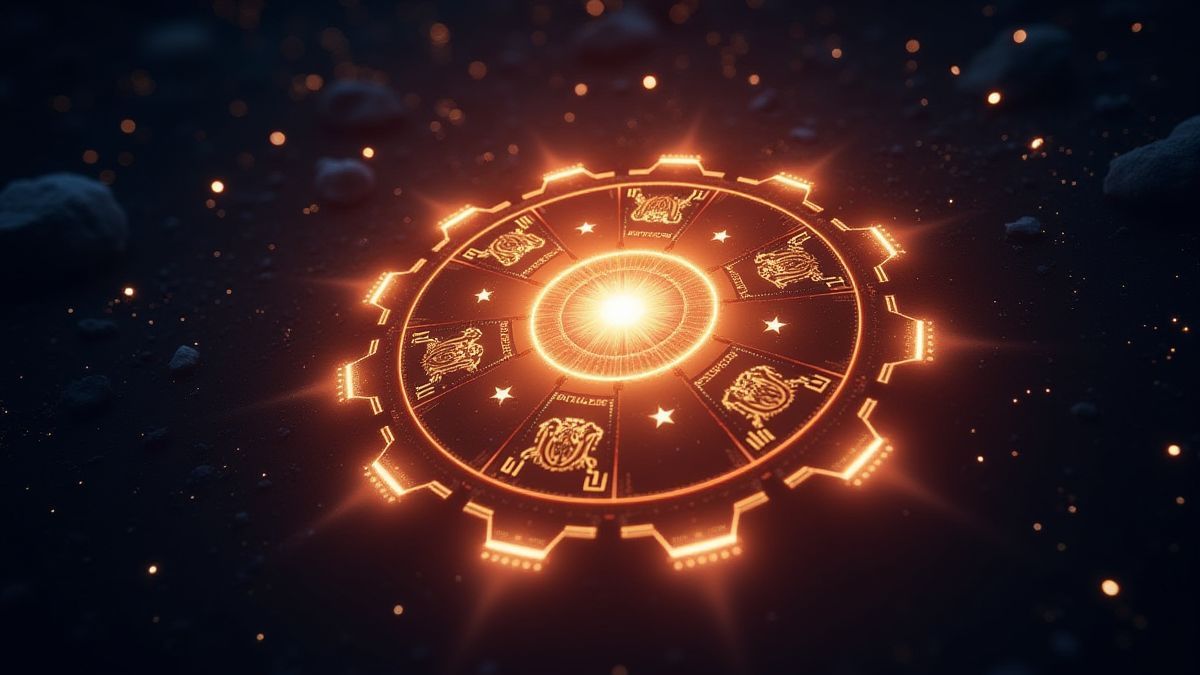 Een verlichte zodiacwiel omringd door sterren.