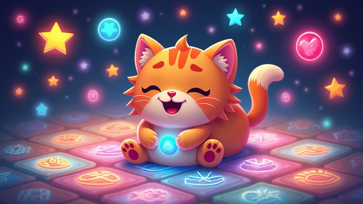 Ein cartoonhaftes Katzenbild umgeben von leuchtenden Symbolen auf einem bunten Raster.