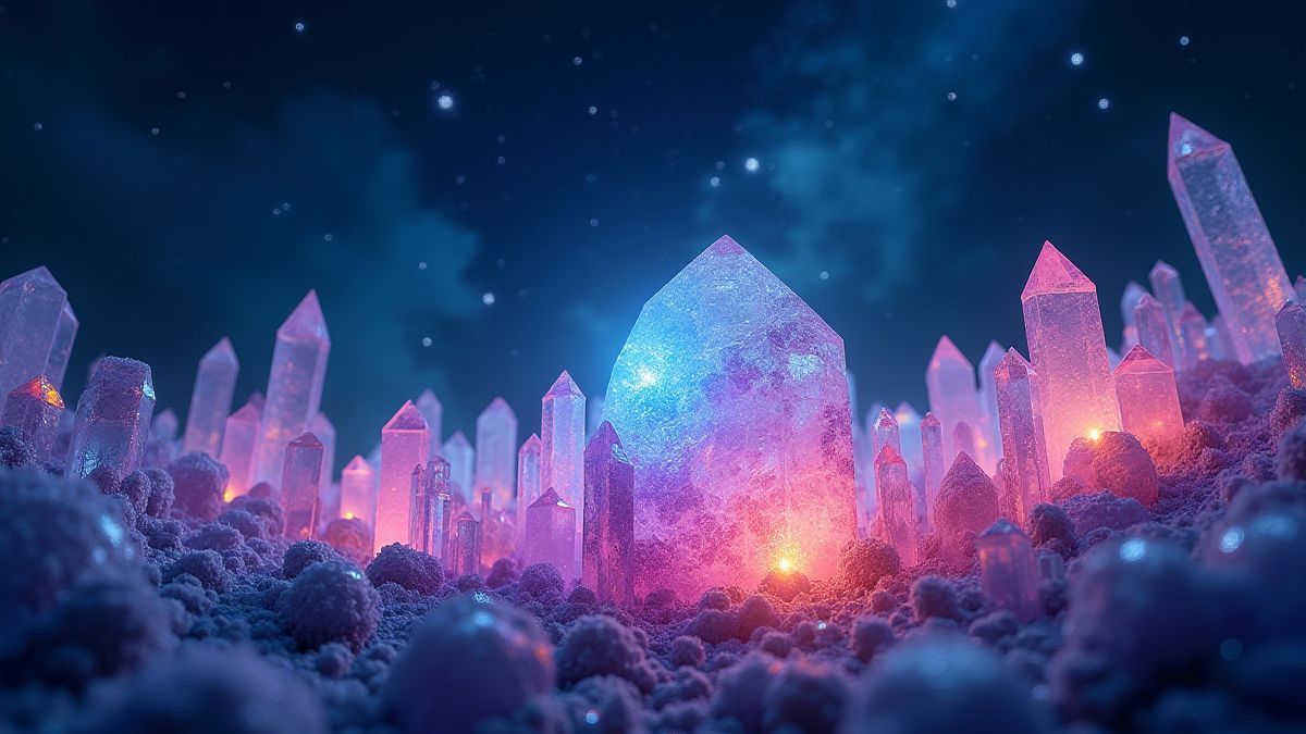 Um campo de cristais brilhantes sob um céu estrellado espacial.