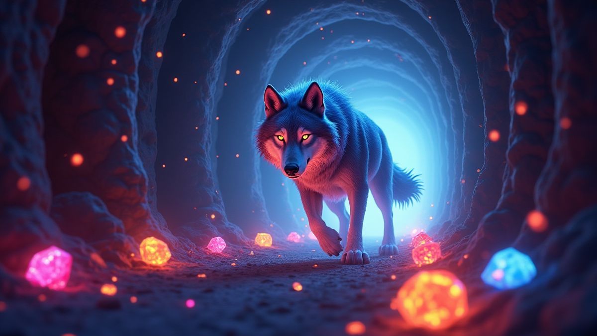 Um lobo brilhante correndo por um túnel galáctico coletando gemas.