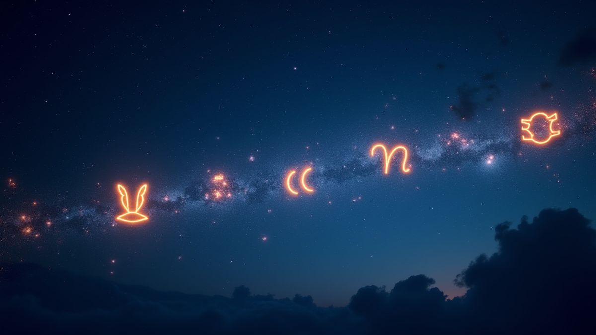 Een nachtelijke sterrenhemel vol sterren met zodiacale symbolen die schitteren.
