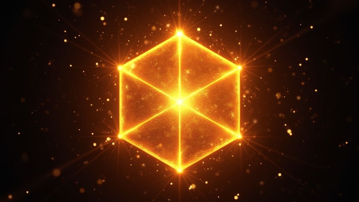 Een stralende gouden hexagoon omringd door kosmische schitteringen.