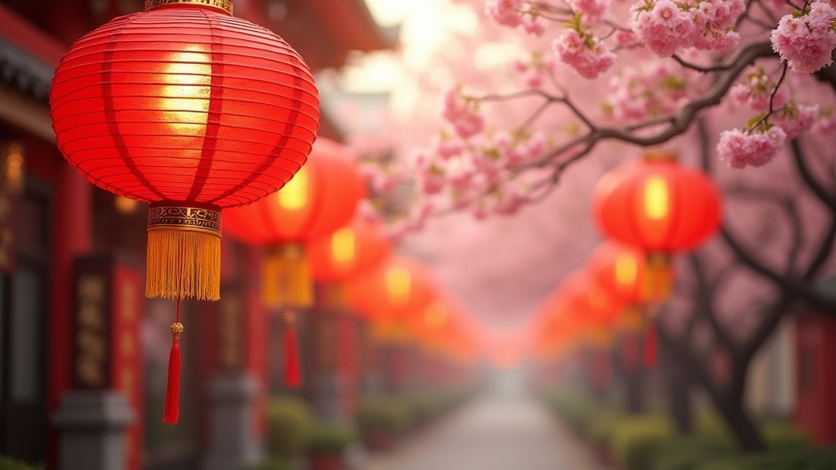 Linternas chinas tradicionales en un jardín con flores de cerezo.