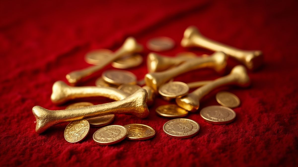 Huesos dorados y monedas sobre terciopelo rojo.