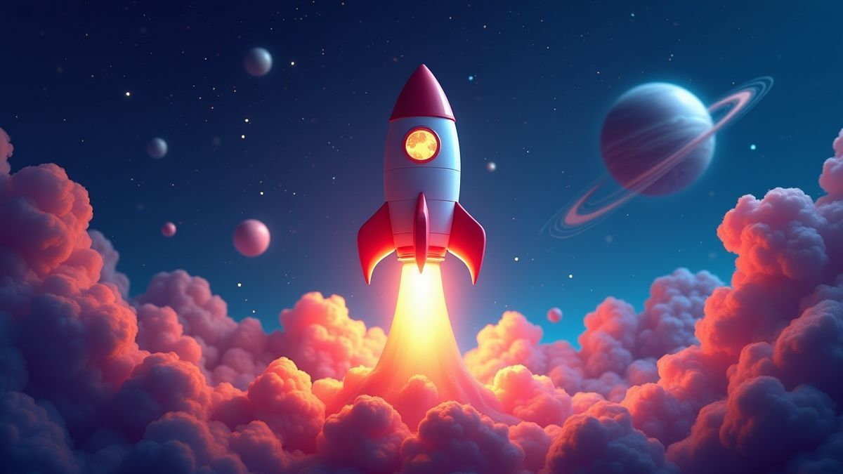 Ein Rakete startet ins All mit Sternen und Planeten im Hintergrund.