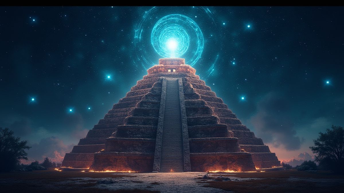 Una pirámide maya rodeada de estrellas brillantes y símbolos cósmicos.