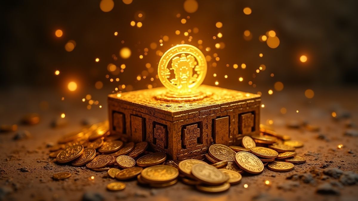 Monedas doradas rodeando un artefacto maya con símbolos brillantes.