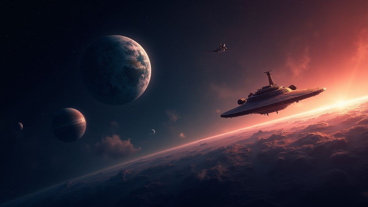 Planetas brilhantes e uma nave espacial no espaço.