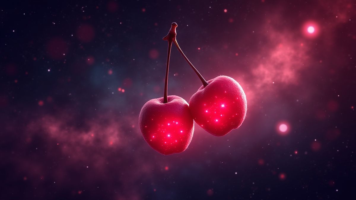 Leuchtende Kirschen, die im Weltraum schweben.