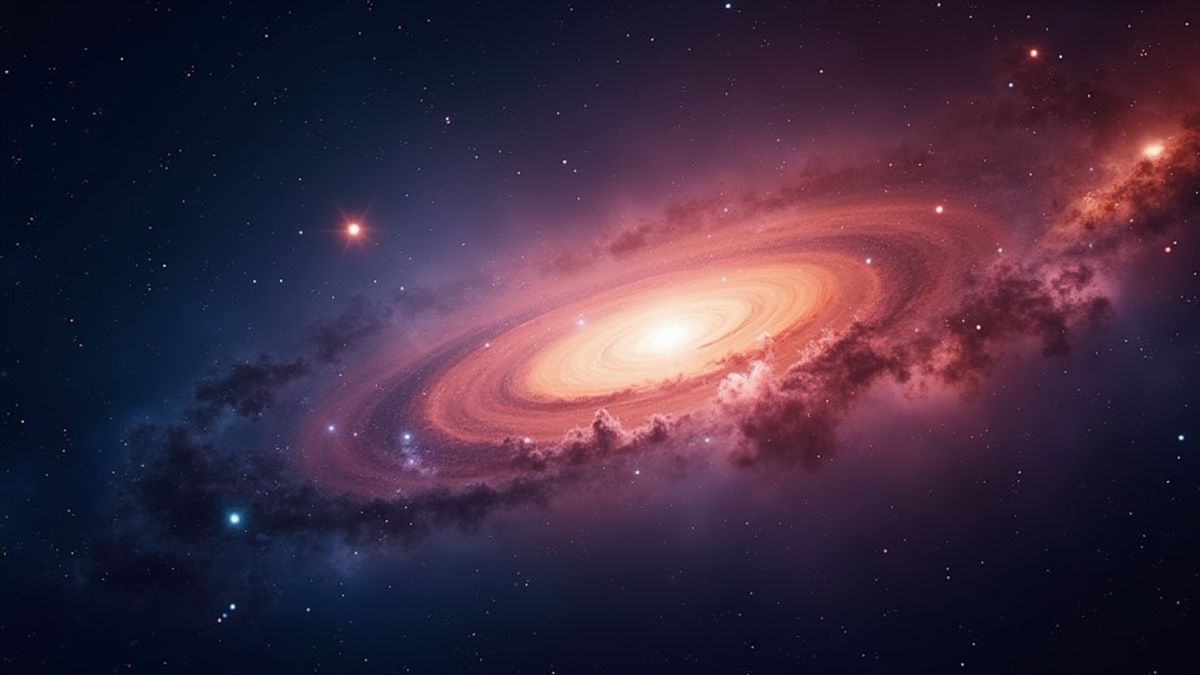 Leuchtende Galaxie mit hellen Sternen und wirbelnden Nebeln.