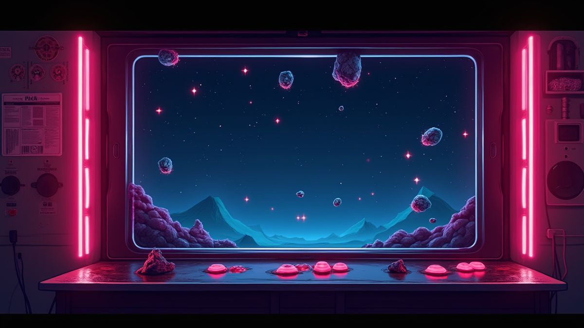 Pantalla de estilo arcade con asteroides pixelados y luces de neón brillantes.