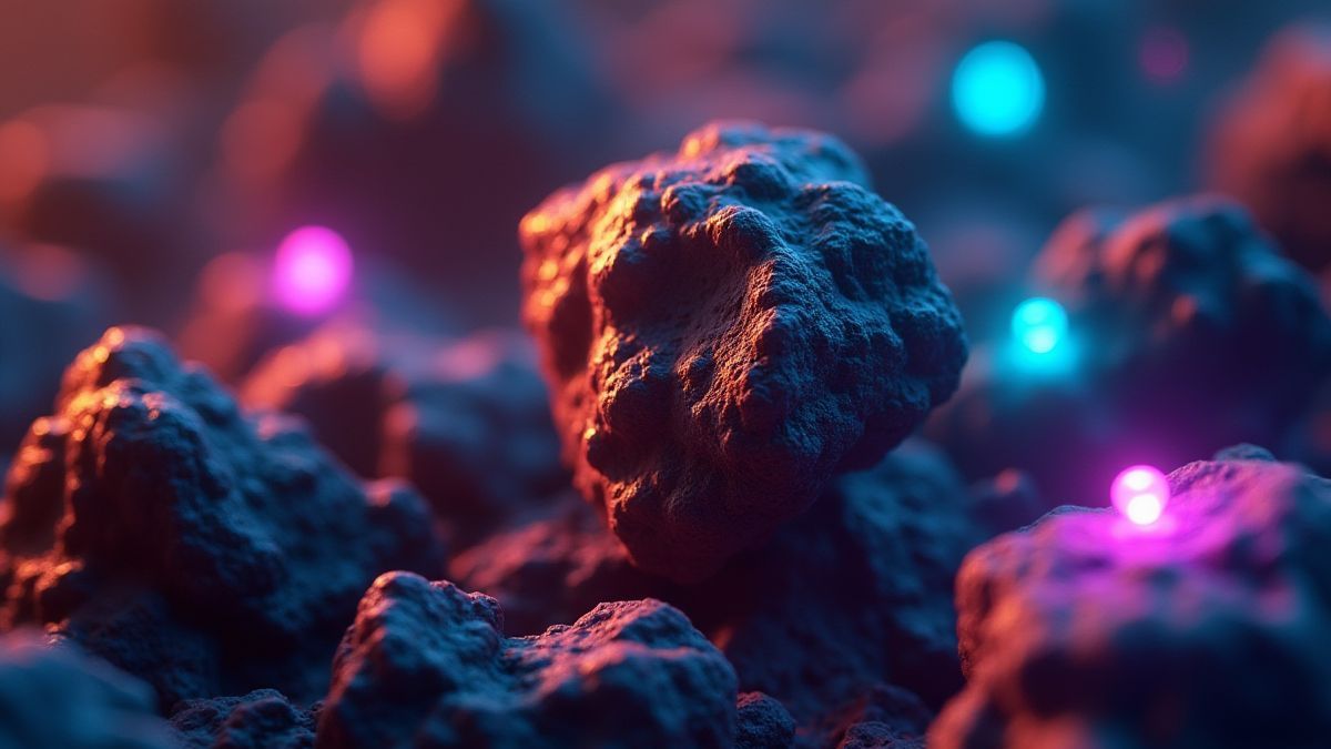 Símbolos de asteroides y naves espaciales con efectos brillantes.