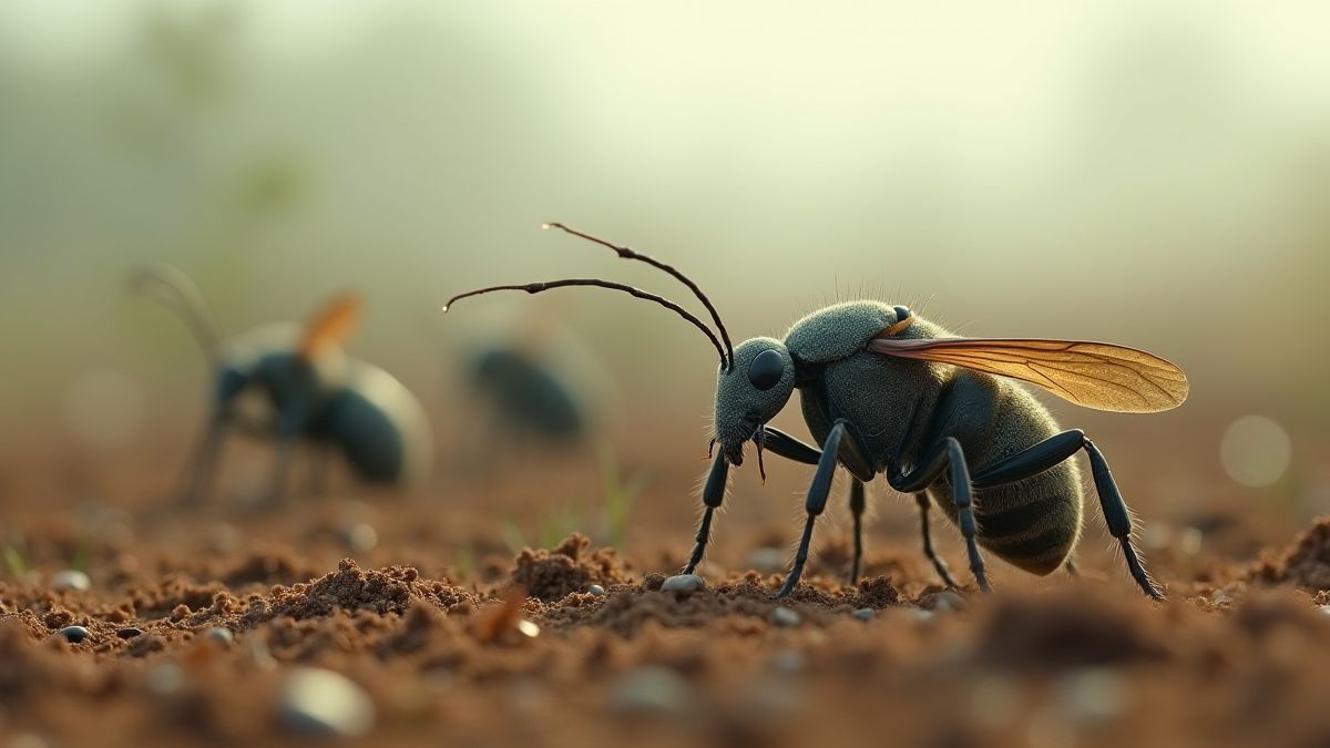 Campo de batalla con insectos en equipo militar.