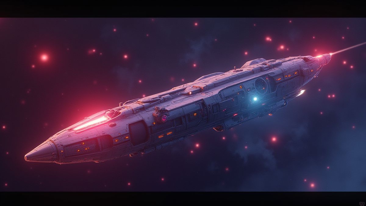 Une navette spatiale futuriste entourée d'étoiles brillantes.