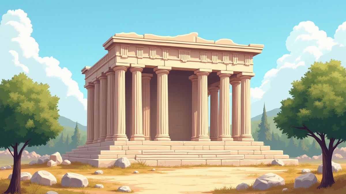Un templo griego rodeado de columnas de mármol y árboles de olivo.
