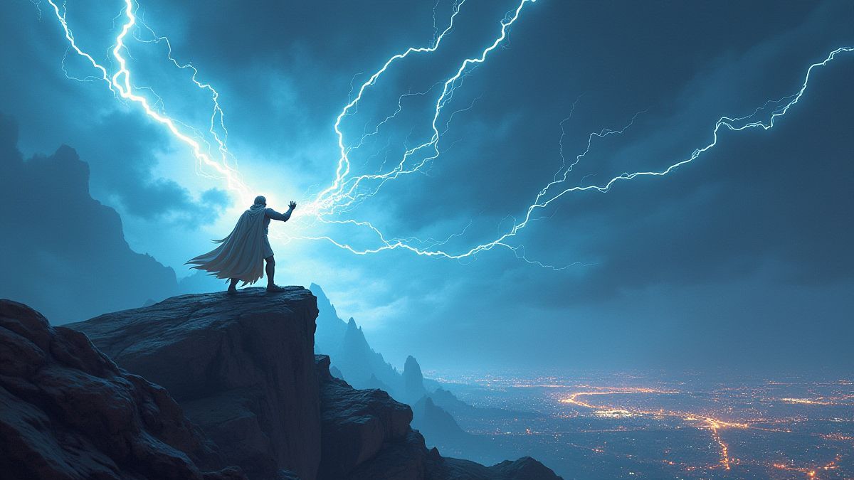 Zeus lanzando rayos desde el Monte Olimpo.